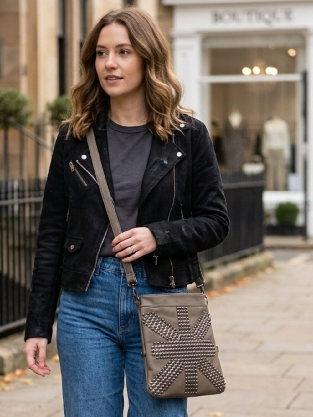 Urban Expressions Taupe-Grey Vegan Leather Studded Crossbody Bag
